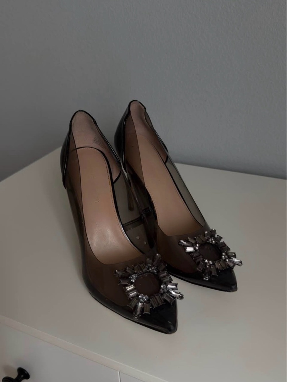 Black Pointed Toe Crystal-Embellished Pumps